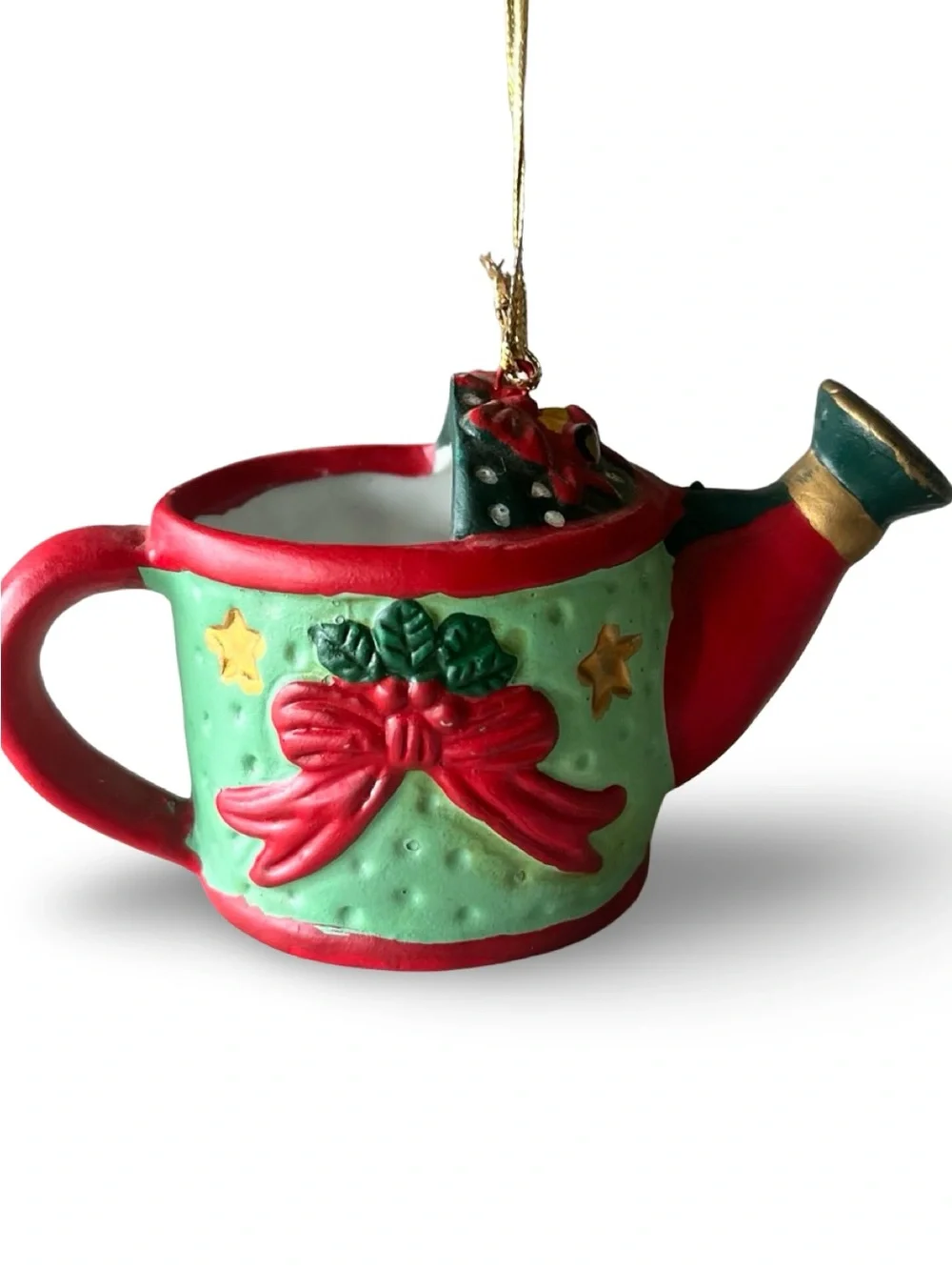Vintage Ceramic Santa Claus Whimsical Watering Can Christmas Ornament